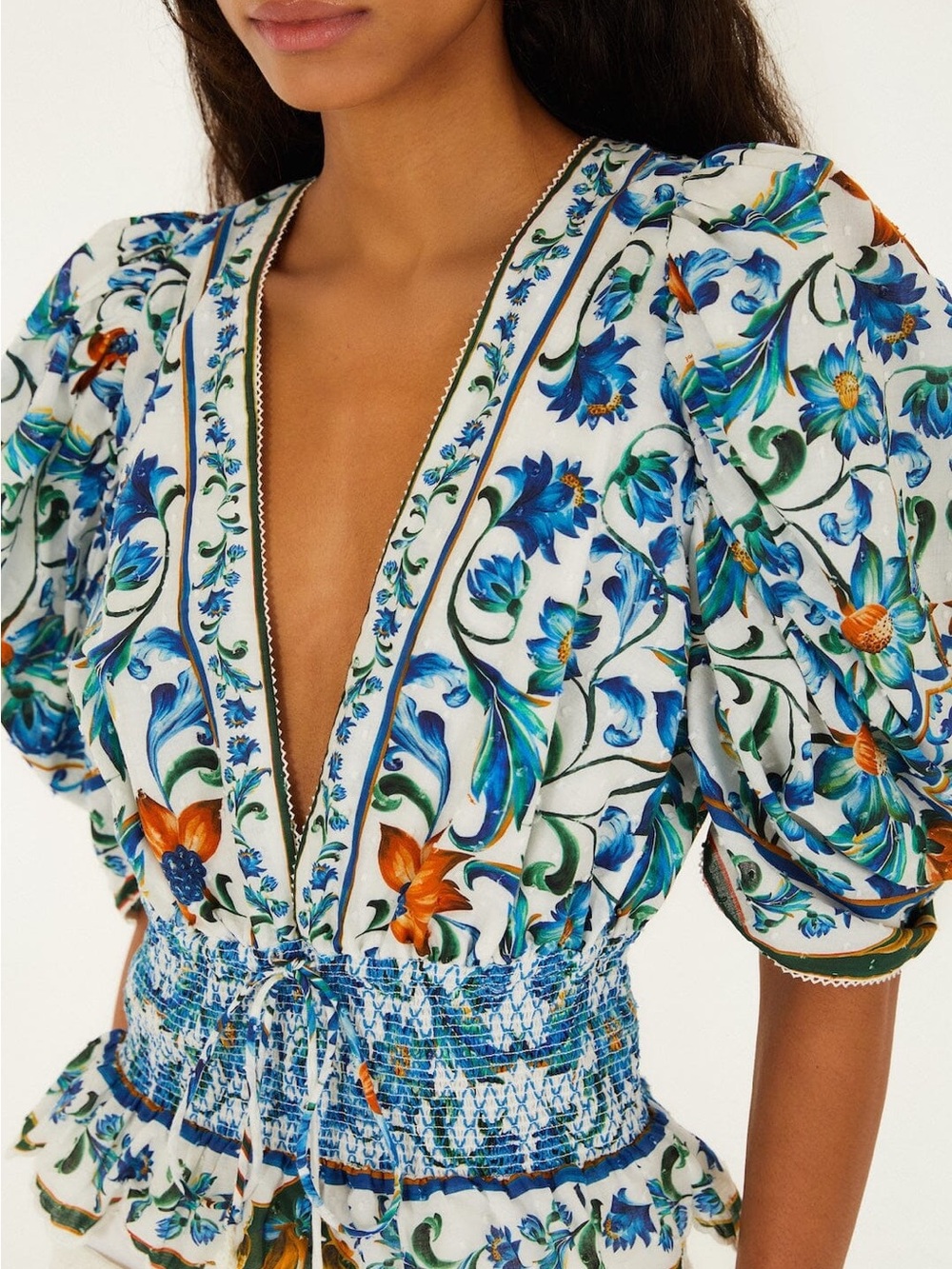 FARM RIO Off-White Flora Tile Smocked Blouse - Picture 2 of 4
